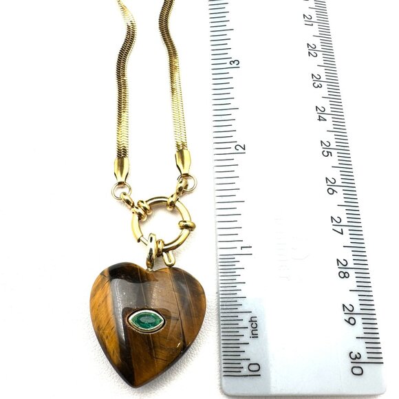 Tiger Eye Green Aperture Heart Evil Eye Pendant Necklace 18K Gold Plated 19 Inch - Picture 4 of 7